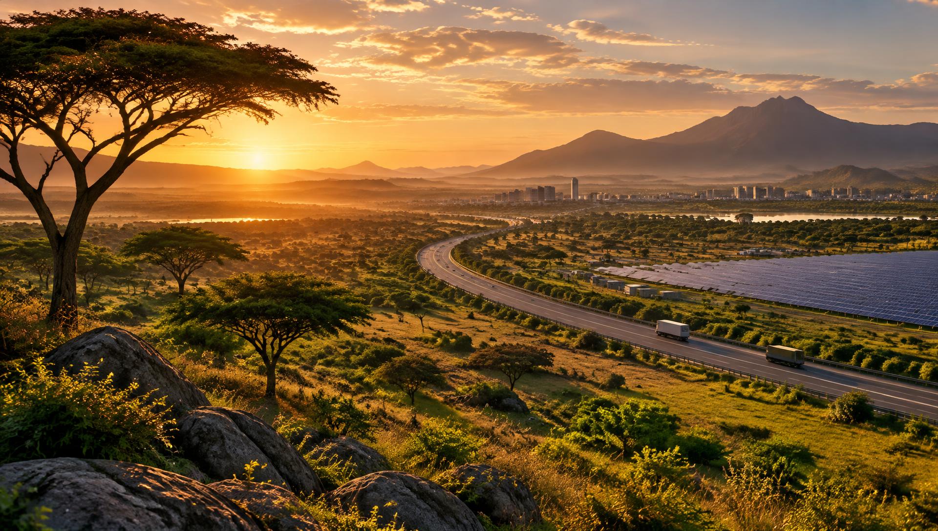 Aerial view of an African deep water port, motorway, financial district skyline, and renewable energy assets at dusk